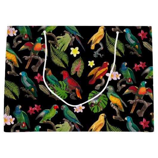 Farbenfrohe tropische Papageien, Blätter und Blume Große Geschenktüte (Vorderseite)