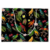 Farbenfrohe tropische Papageien, Blätter und Blume Große Geschenktüte (Rückseite)