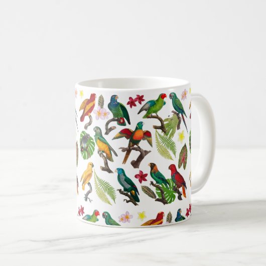 Farbenfrohe tropische Papageien, Blätter und Blume Kaffeetasse (VorderseiteRechts)