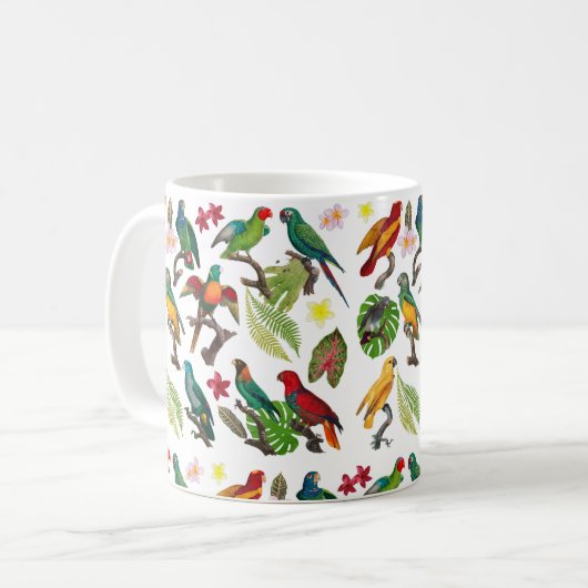 Farbenfrohe tropische Papageien, Blätter und Blume Kaffeetasse (Vorderseite Links)