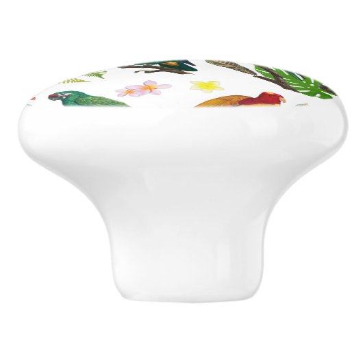 Farbenfrohe tropische Papageien, Blätter und Blume Keramikknauf (Seitenansicht)