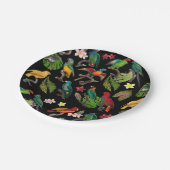 Farbenfrohe tropische Papageien, Blätter und Blume Pappteller (Schrägansicht)