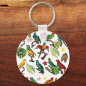 Farbenfrohe tropische Papageien, Blätter und Blume Schlüsselanhänger (Vorderseite)