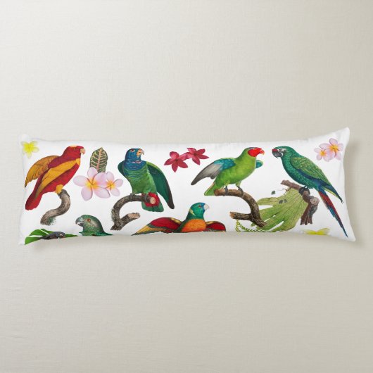 Farbenfrohe tropische Papageien, Blätter und Blume Seitenschläferkissen (Rückseite)