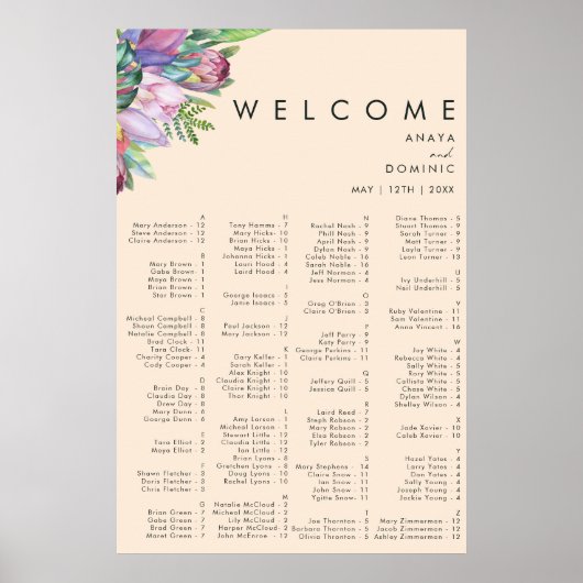Farbenfrohe tropische Peach Alphabetische Sitzkart Poster (Vorne)
