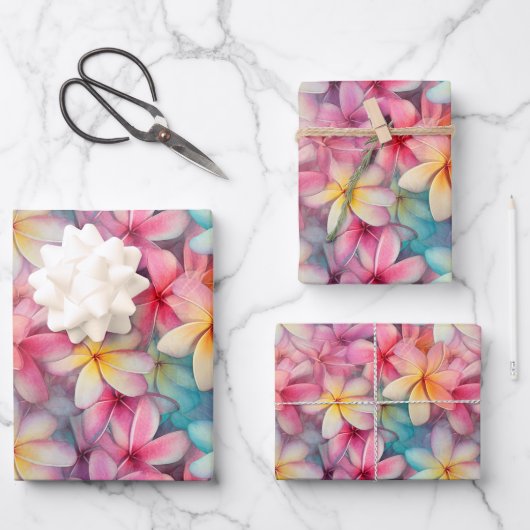 Farbenfrohe tropische Plumeria Frangipani Geschenkpapier Set (Vorderseite)