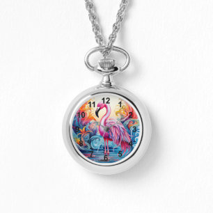 Farbenfrohe tropische Rosa Flamingo Elegante Fraue Armbanduhr
