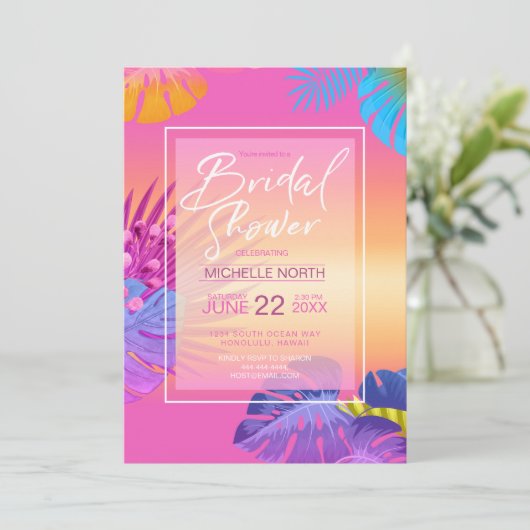 Farbenfrohe tropische Verlassen Sonnenuntergang Br Einladung (Stehend Vorderseite)