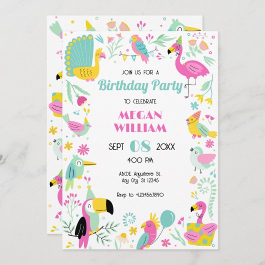 Farbenfrohe tropische Vögel Einladung (Vorne/Hinten)