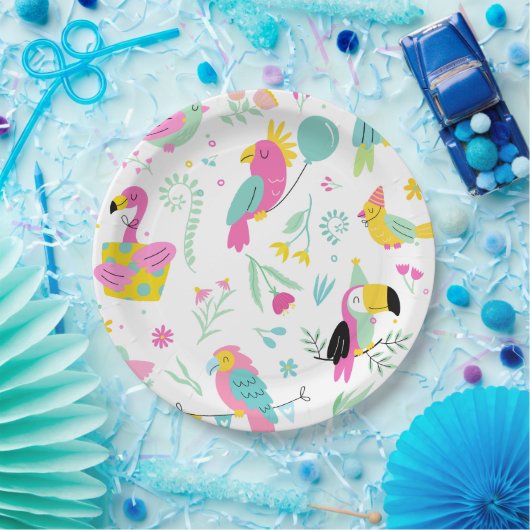 Farbenfrohe tropische Vögel Pappteller (Party)