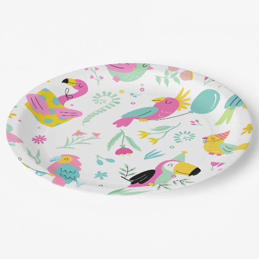 Farbenfrohe tropische Vögel Pappteller (Schrägansicht)