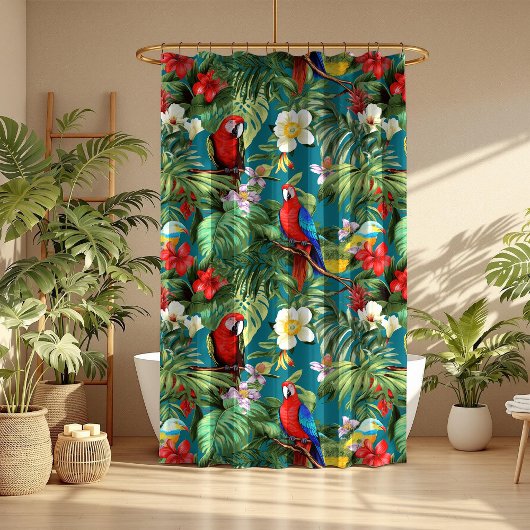Farbenfrohe tropische Vögel und Blume Blätter Duschvorhang