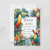 Farbenfrohe tropische Vögel und lebhafte, üppige P RSVP Karte (Vorderseite)