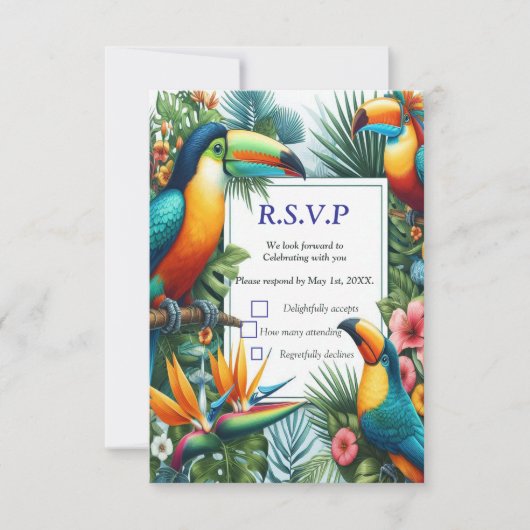 Farbenfrohe tropische Vögel und lebhafte, üppige P RSVP Karte (Vorderseite)