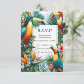 Farbenfrohe tropische Vögel und lebhafte, üppige P RSVP Karte (Stehend Vorderseite)