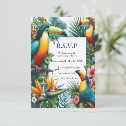 Farbenfrohe tropische Vögel und lebhafte, üppige P RSVP Karte (Stehend Vorderseite)