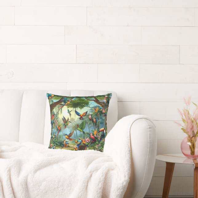 Farbenfrohe tropische Vögel unter lebendiger, üppi Kissen (Liege)