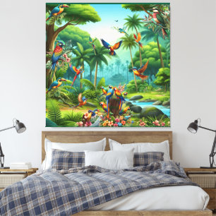 Farbenfrohe tropische Vögel unter lebendiger, üppi Leinwanddruck