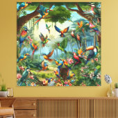 Farbenfrohe tropische Vögel unter lebendiger, üppi Leinwanddruck (Insitu (Wohnzimmer))