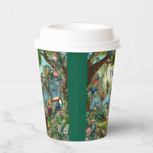 Farbenfrohe tropische Vögel unter lebendiger, üppi Pappbecher (Rechts)