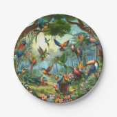 Farbenfrohe tropische Vögel unter lebendiger, üppi Pappteller (Vorderseite)