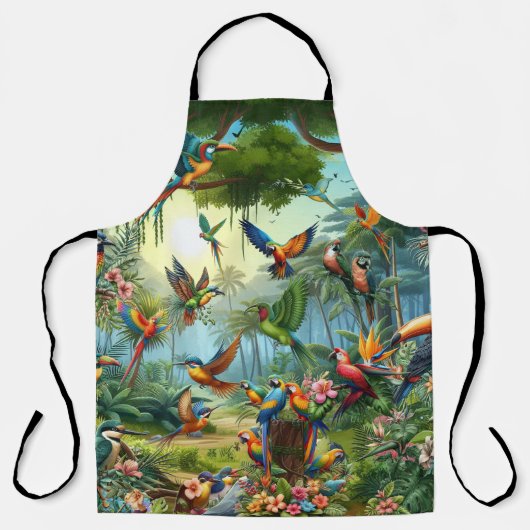 Farbenfrohe tropische Vögel unter lebendiger, üppi Schürze (Vorderseite)