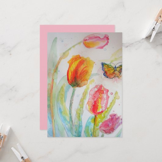 Farbenfrohe Tulip Butterfly Aquarellkarte Karte (Vorderseite/Rückseite Beispiel)