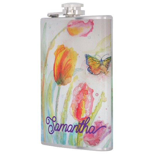 Farbenfrohe Tulip Butterfly Wasserfarbe individuel Flachmann (Links)
