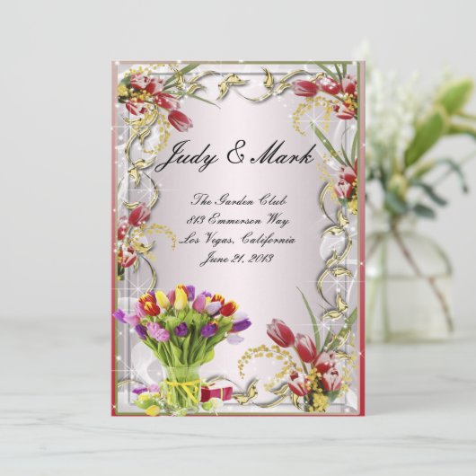 Farbenfrohe Tulip Floral Wedding Card Menükarte (Stehend Vorderseite)
