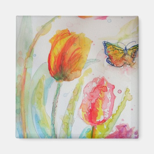Farbenfrohe Tulip und Butterfly Wasserfarben Blume Magnet (Vorne)