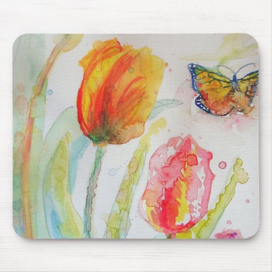 Farbenfrohe Tulip und Butterfly Wasserfarben Blume Mousepad (Vorne)