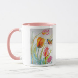 Farbenfrohe Tulip und Butterfly Wasserfarben Blume Tasse