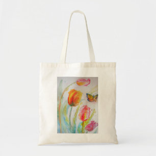 Farbenfrohe Tulip und Butterfly Wasserfarben Blume Tragetasche