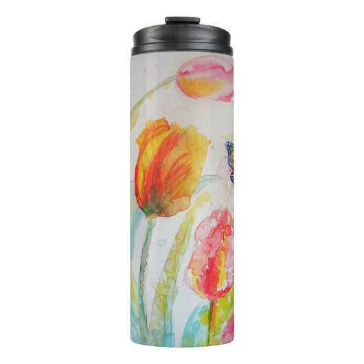 Farbenfrohe Tulip und Butterfly Wasserfarbene Blum Thermosbecher (Vorderseite)