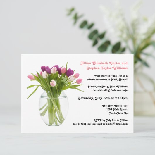 Farbenfrohe Tulips in Vase - 3x5 Hochzeitsankündig Einladung (Stehend Vorderseite)