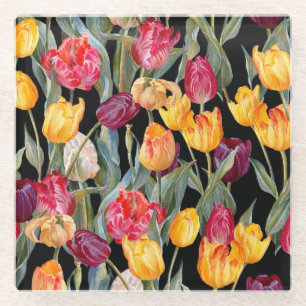 Farbenfrohe Tulpen, abgeschiedener schwarzer Hinte Glasuntersetzer