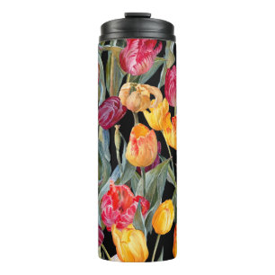 Farbenfrohe Tulpen, abgeschiedener schwarzer Hinte Thermosbecher