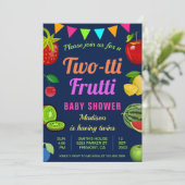 Farbenfrohe Tutti Frutti Twins Kinderdusche Einlad Einladung (Stehend Vorderseite)