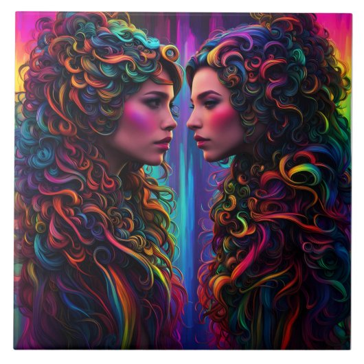 Farbenfrohe Twin Portraits mit Curly Hair Design Fliese (Vorderseite)