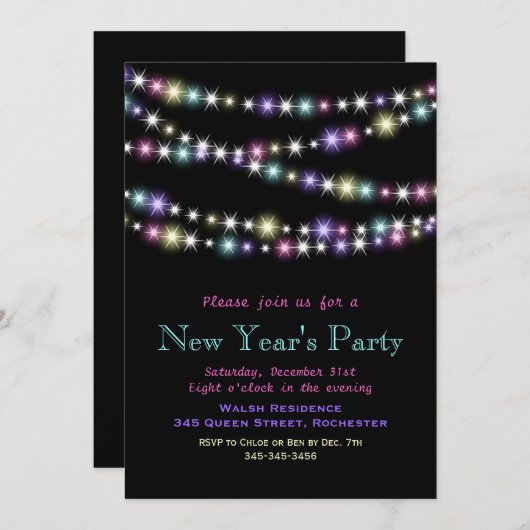 Farbenfrohe Twinkle Lights - Einladung zum Neujahr (Vorne/Hinten)