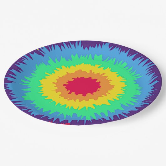 Farbenfrohe Tye Dye Pappteller (Schrägansicht)