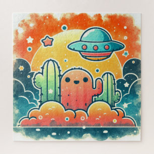 Farbenfrohe UFO Cactus Desert Scene Jigsaw Puzz Puzzle