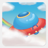 Farbenfrohe Ufo-Raumschiff, das durch Wolken flieg Quadratischer Aufkleber (Vorderseite)