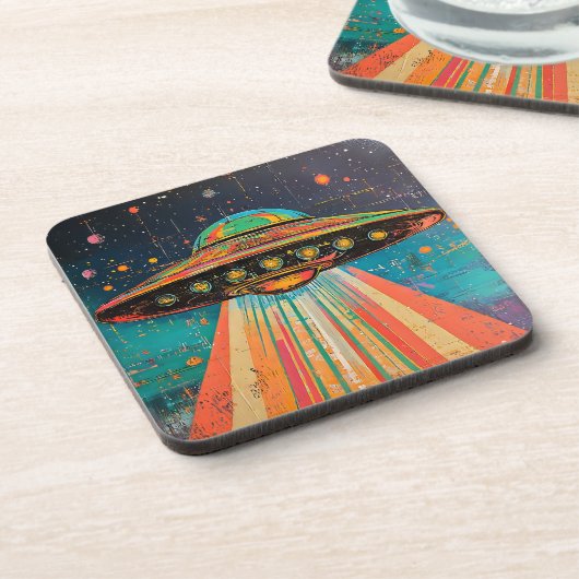 Farbenfrohe UFO-Raumschiff Getränkeuntersetzer (Linke Seite)
