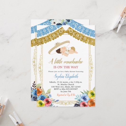 Farbenfrohe und goldene Charro Lasst uns Fiesta ei Einladung (Vorderseite/Rückseite Beispiel)