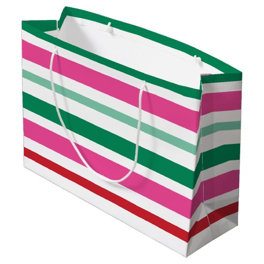 Farbenfrohe und lebendige Stripte Weihnachtsgesche Große Geschenktüte (Rückseite Schrägansicht)