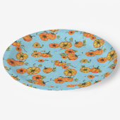 Farbenfrohe Unterdruckpumpen Orange/Blau Pappteller (Schrägansicht)