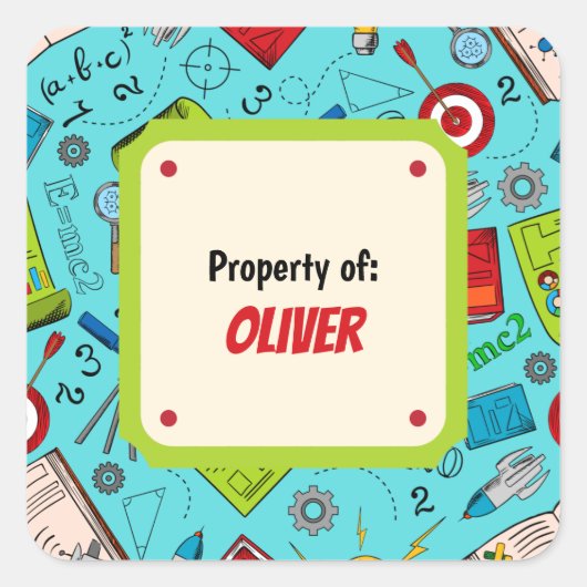 Farbenfrohe Unterrichtsmaterialien Personalisiert Quadratischer Aufkleber (Vorderseite)