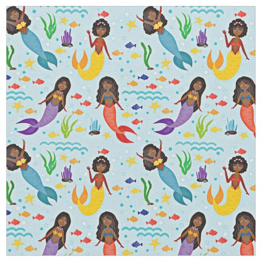 Farbenfrohe Unterseemädchen & Blauer Fisch Stoff (Nahaufnahme)