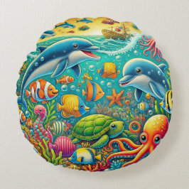 Farbenfrohe Unterwasserszene mit marinem Leben Rundes Kissen